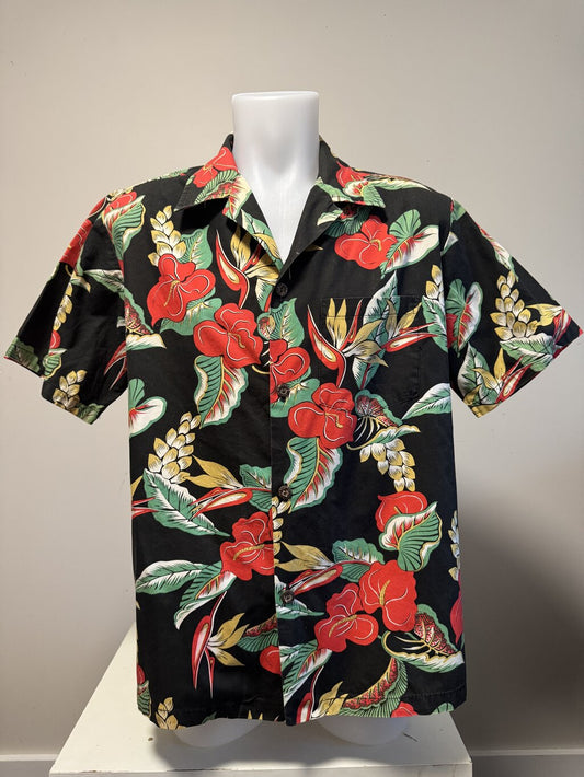 1980s Paradise Style Anthurium & Bird of Paradise Shirt – Black Cotton (L)