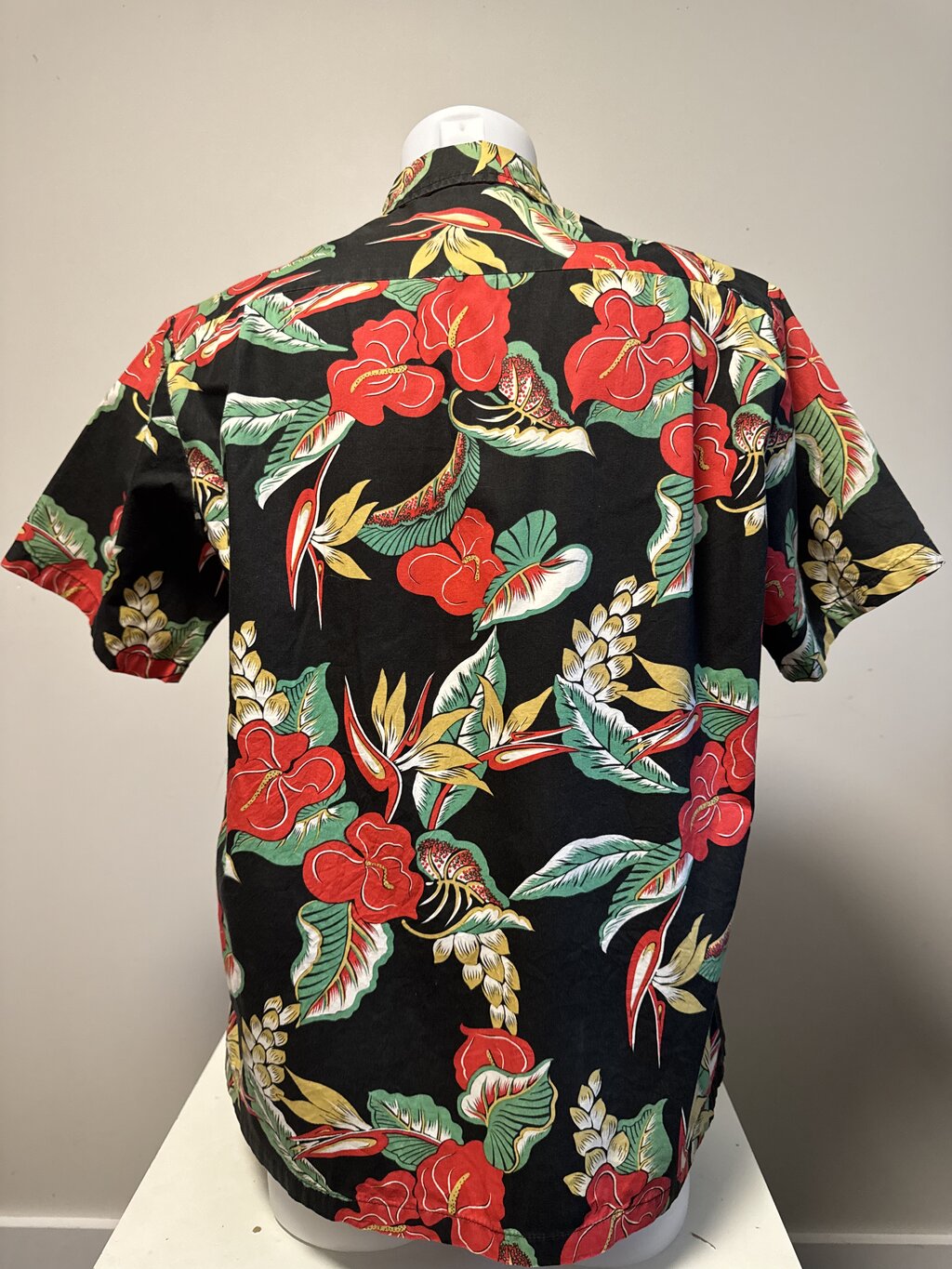1980s Paradise Style Anthurium & Bird of Paradise Shirt – Black Cotton (L)
