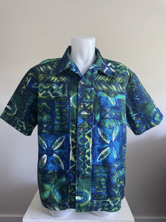 1970s Kona Kai Abstract Tribal Shirt – Deep Blue & Green Barkcloth (XL)