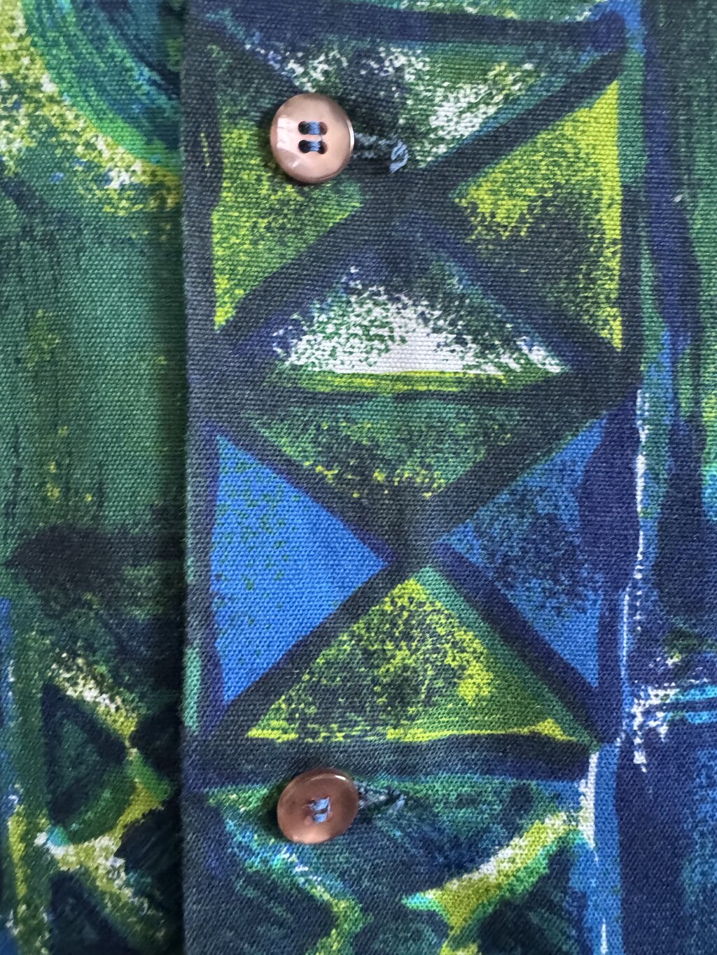 1970s Kona Kai Abstract Tribal Shirt – Deep Blue & Green Barkcloth (XL)