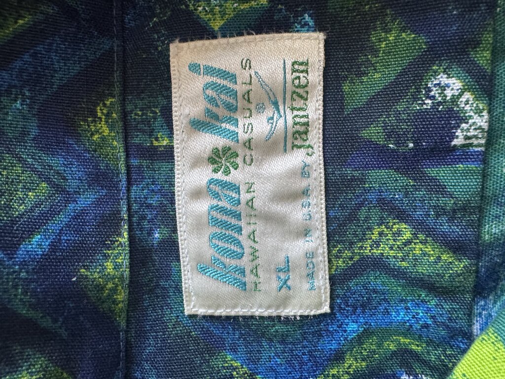 1970s Kona Kai Abstract Tribal Shirt – Deep Blue & Green Barkcloth (XL)