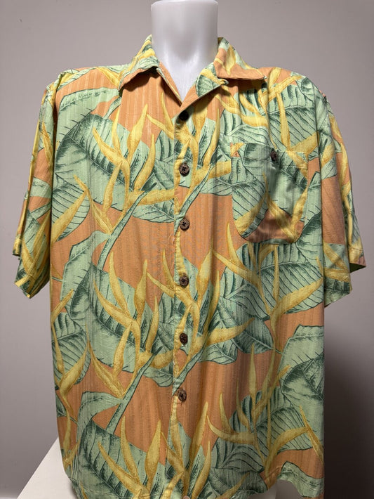 1990s Joe Marlin Tropical Foliage Shirt – Peach & Green (XL)