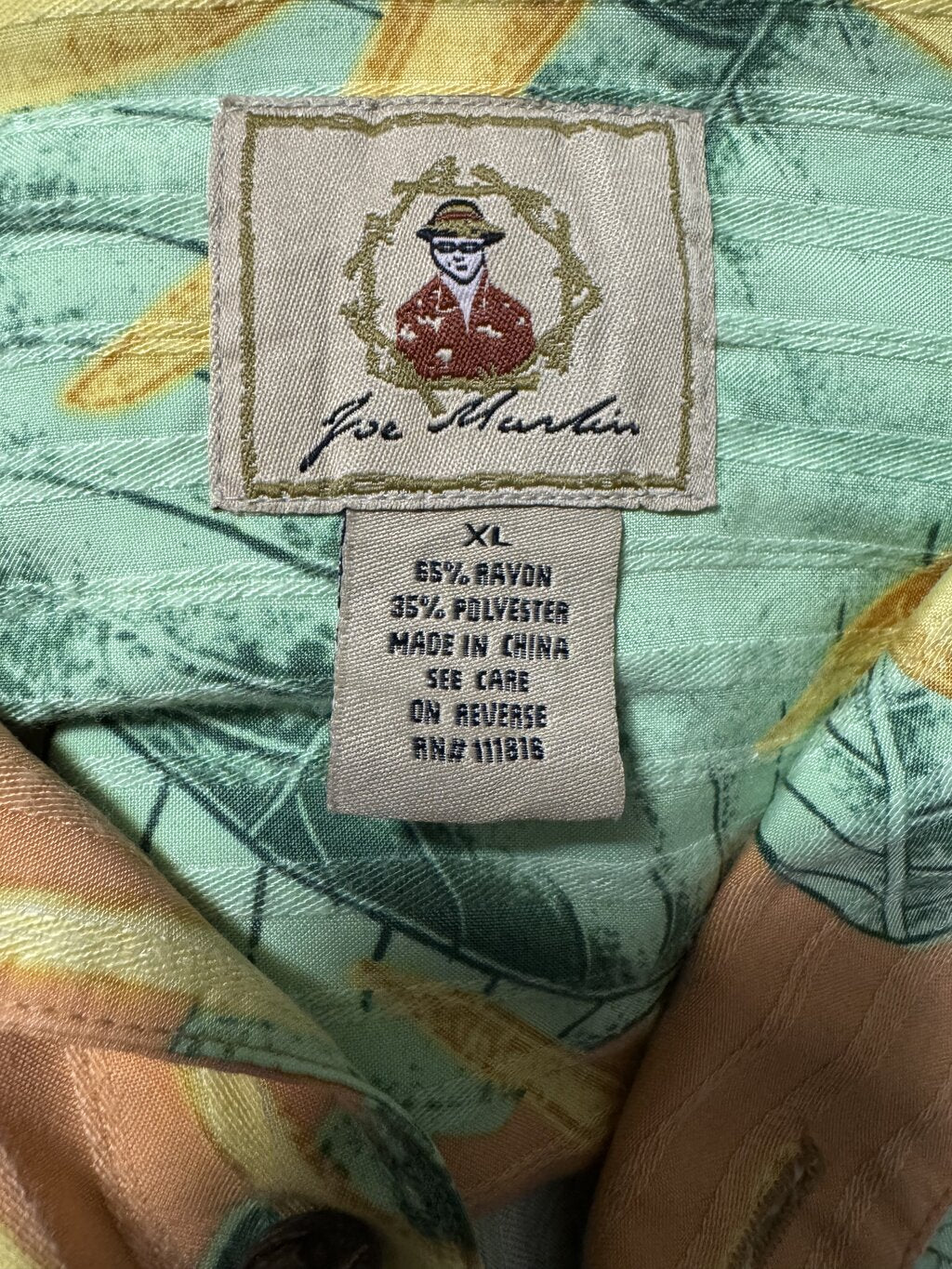 1990s Joe Marlin Tropical Foliage Shirt – Peach & Green (XL)