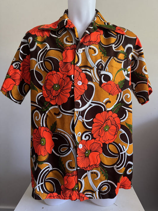 1970s Unbranded Op-Art Poppy Shirt – Orange, Brown & White Cotton (M/L)