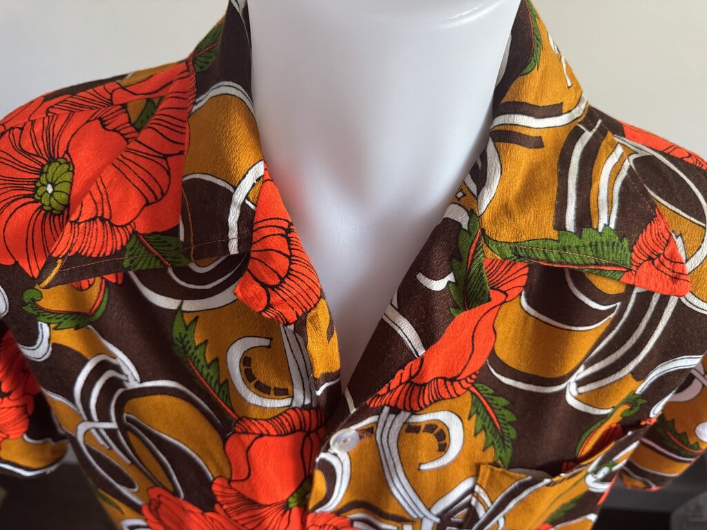 1970s Unbranded Op-Art Poppy Shirt – Orange, Brown & White Cotton (M/L)