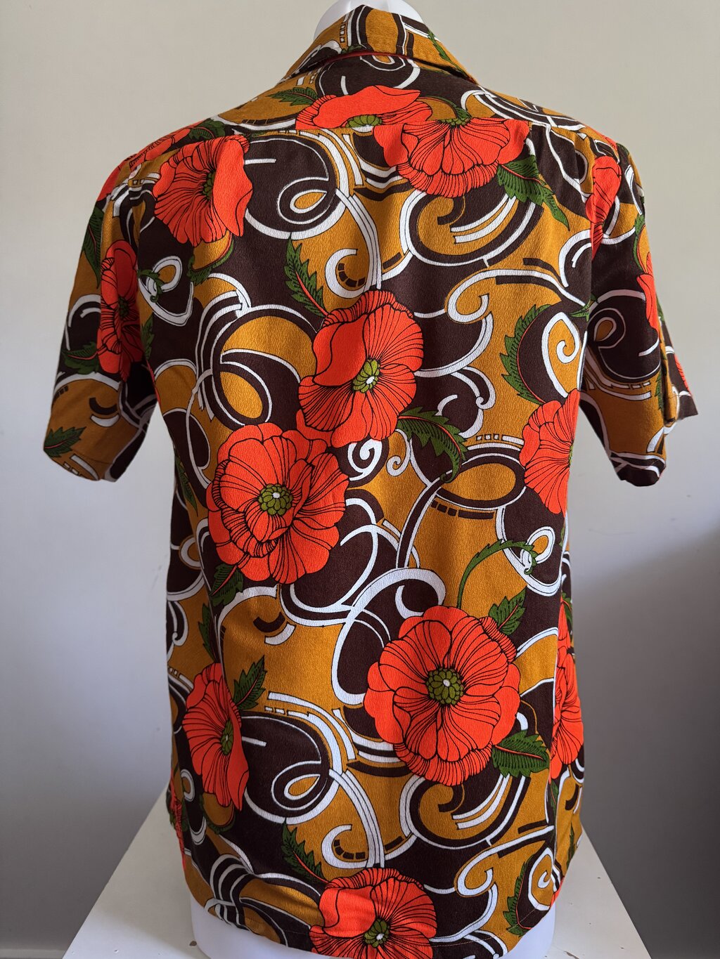 1970s Unbranded Op-Art Poppy Shirt – Orange, Brown & White Cotton (M/L)