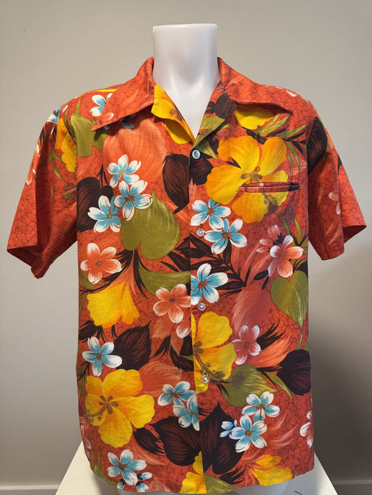 Early 1970s Sears Hawaii Floral Explosion Shirt – Lava Red with Tropical Hibiscus & Plumeria (L)