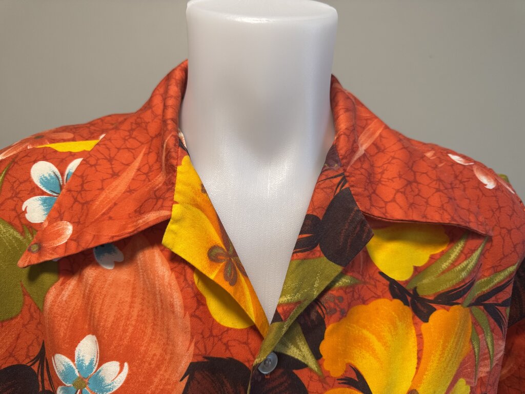 Early 1970s Sears Hawaii Floral Explosion Shirt – Lava Red with Tropical Hibiscus & Plumeria (L)