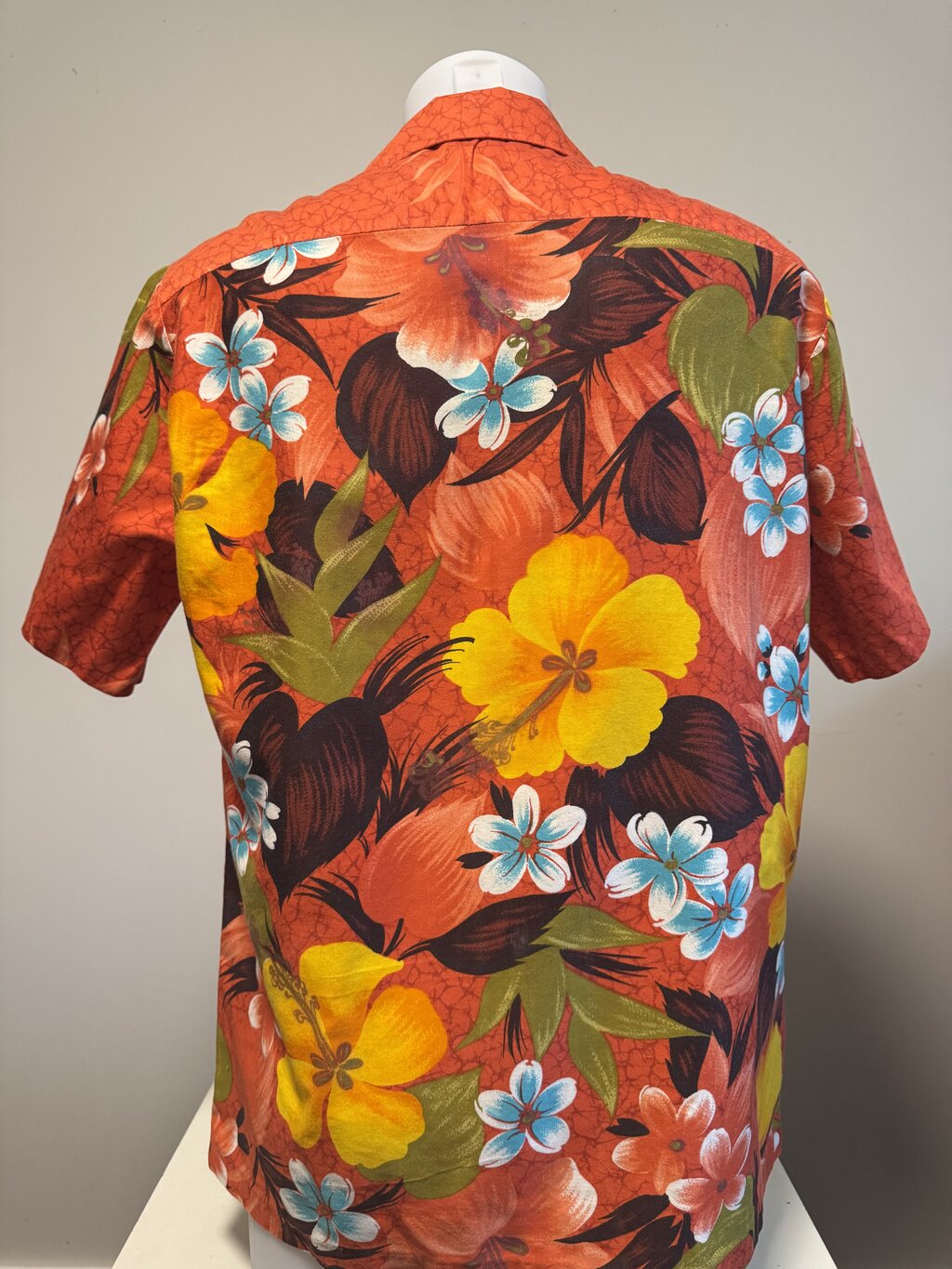 Early 1970s Sears Hawaii Floral Explosion Shirt – Lava Red with Tropical Hibiscus & Plumeria (L)