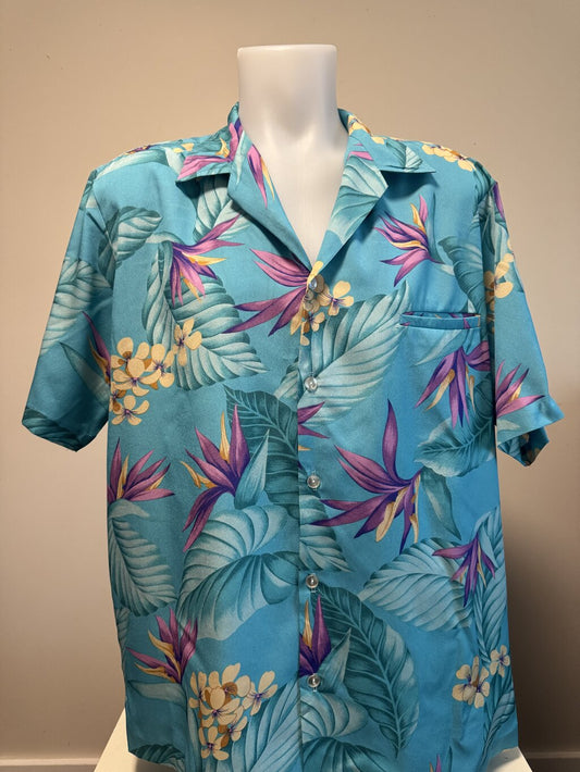 1980s Nani of Hawaii Bird of Paradise Shirt – Aqua with Purple & Yellow Blooms (XL)