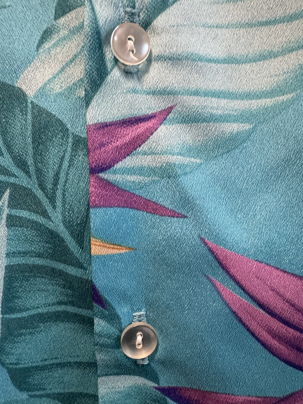 1980s Nani of Hawaii Bird of Paradise Shirt – Aqua with Purple & Yellow Blooms (XL)