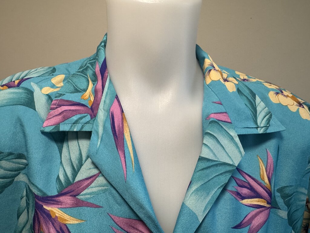 1980s Nani of Hawaii Bird of Paradise Shirt – Aqua with Purple & Yellow Blooms (XL)