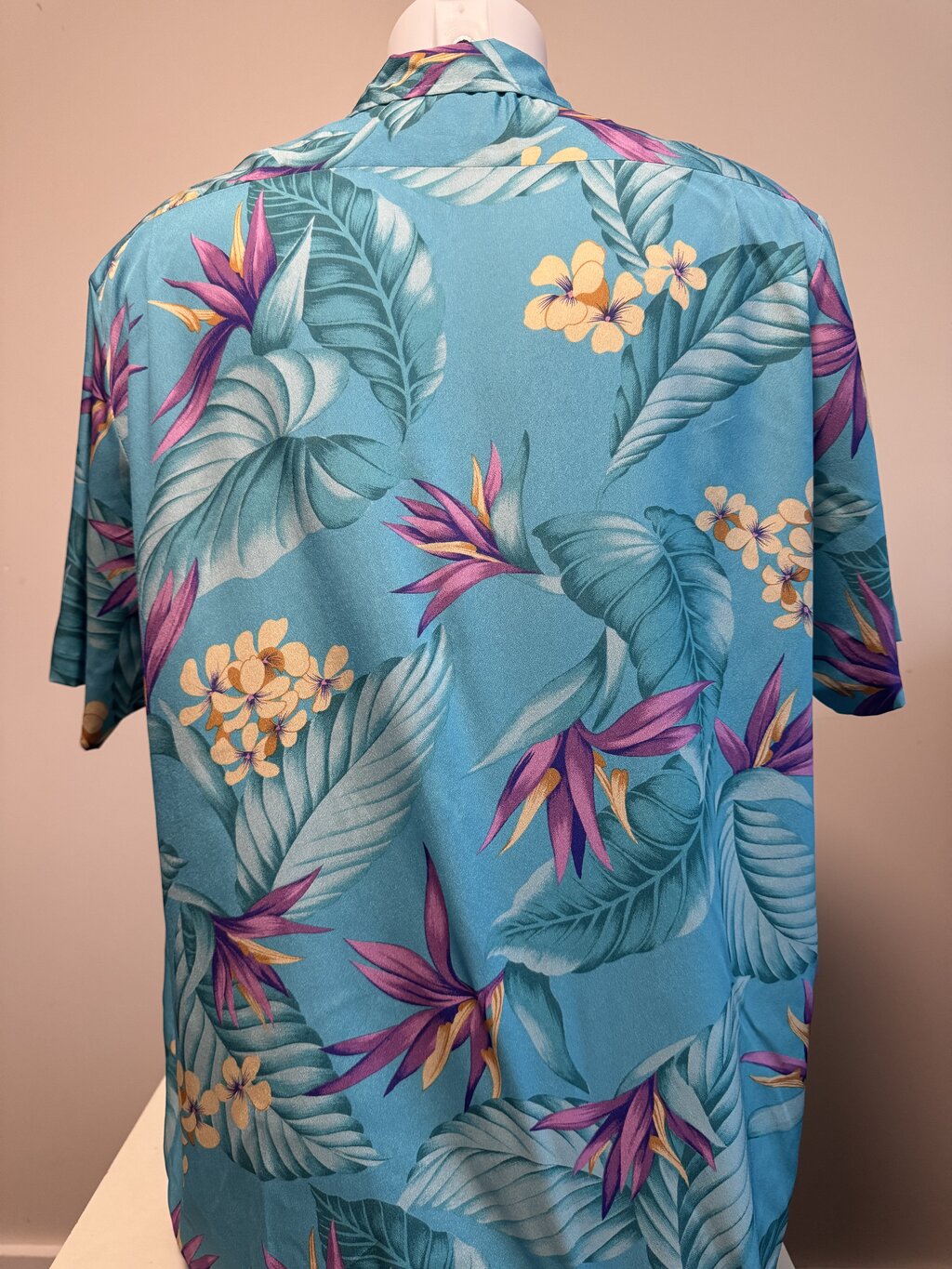1980s Nani of Hawaii Bird of Paradise Shirt – Aqua with Purple & Yellow Blooms (XL)