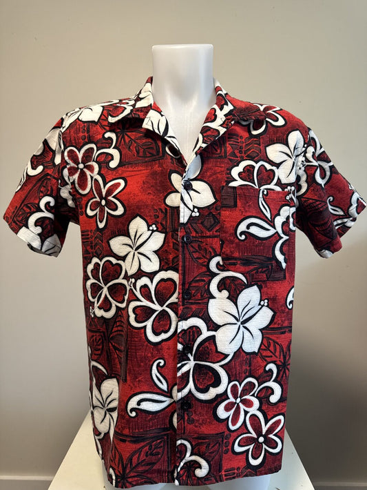 1980s Red Barkcloth Floral Shirt – White & Black Hibiscus on Crimson Ground (M)