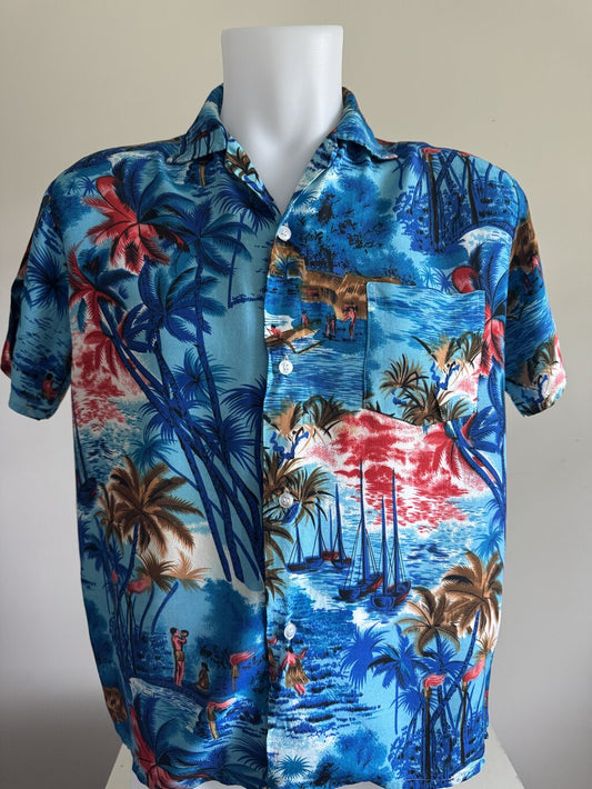 Made in Japan Rayon Shirt – Sailing Lagoon Scene with Hula Dancers (M)