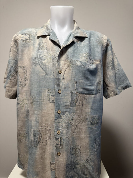 1990s Batik Bay Palm & Nautical Scene Shirt – Blue & Beige (M)