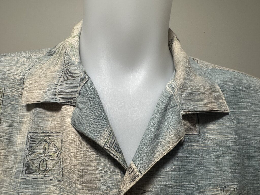 1990s Batik Bay Palm & Nautical Scene Shirt – Blue & Beige (M)