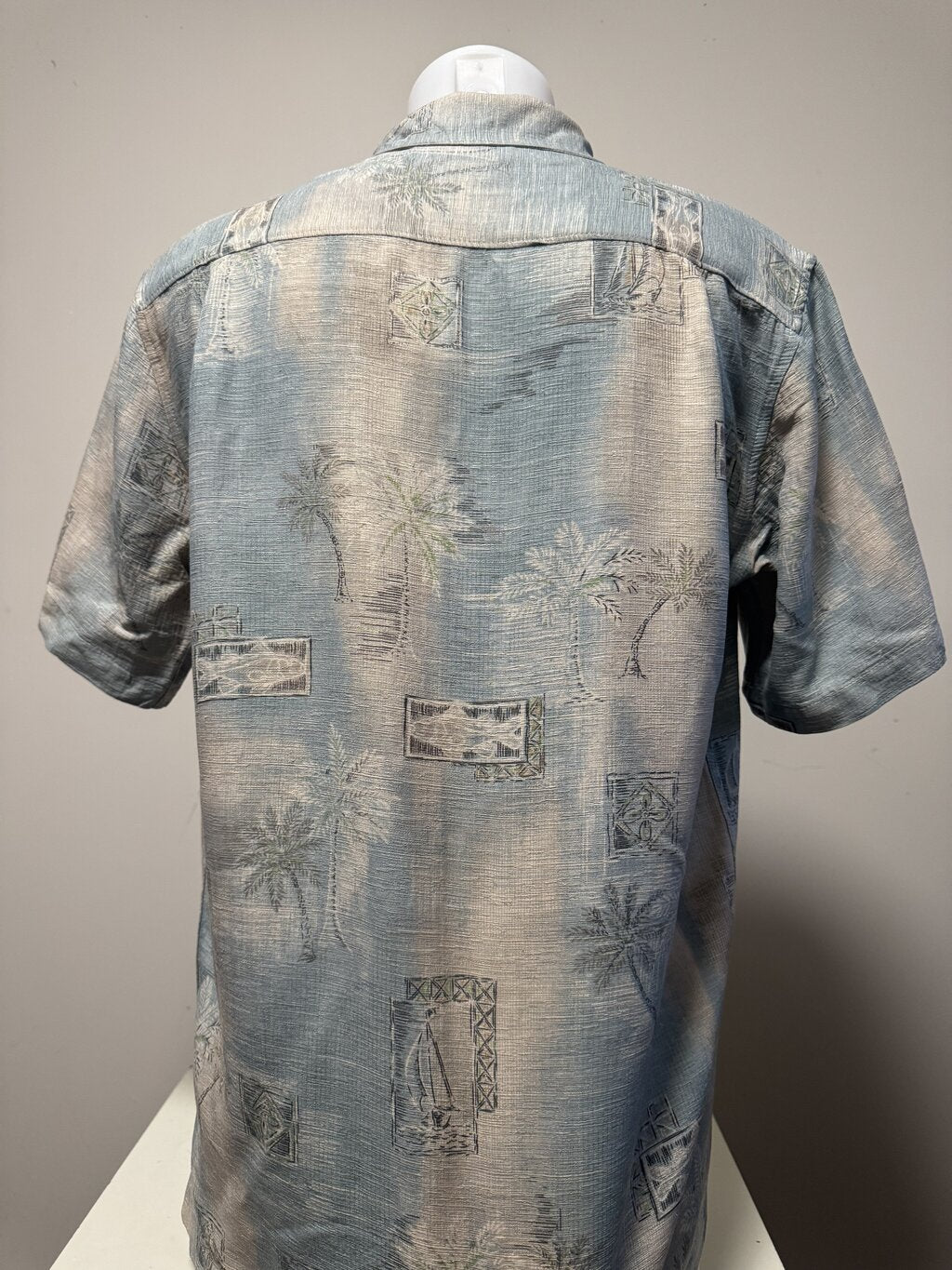1990s Batik Bay Palm & Nautical Scene Shirt – Blue & Beige (M)
