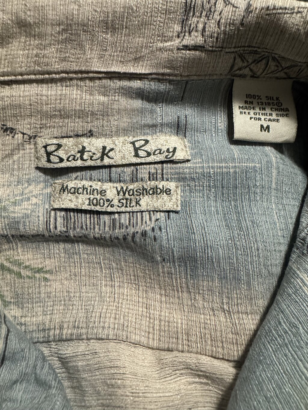 1990s Batik Bay Palm & Nautical Scene Shirt – Blue & Beige (M)