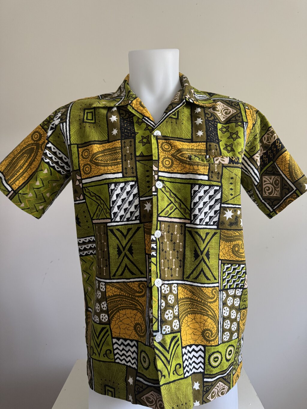 1960s Bold Tribal Mosaic Barkcloth Shirt – Olive, Mustard & Charcoal Geometrics