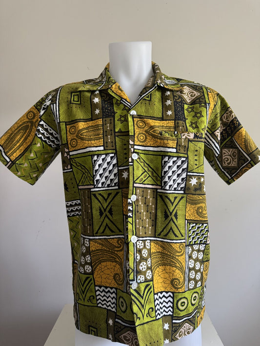 1960s Bold Tribal Mosaic Barkcloth Shirt – Olive, Mustard & Charcoal Geometrics