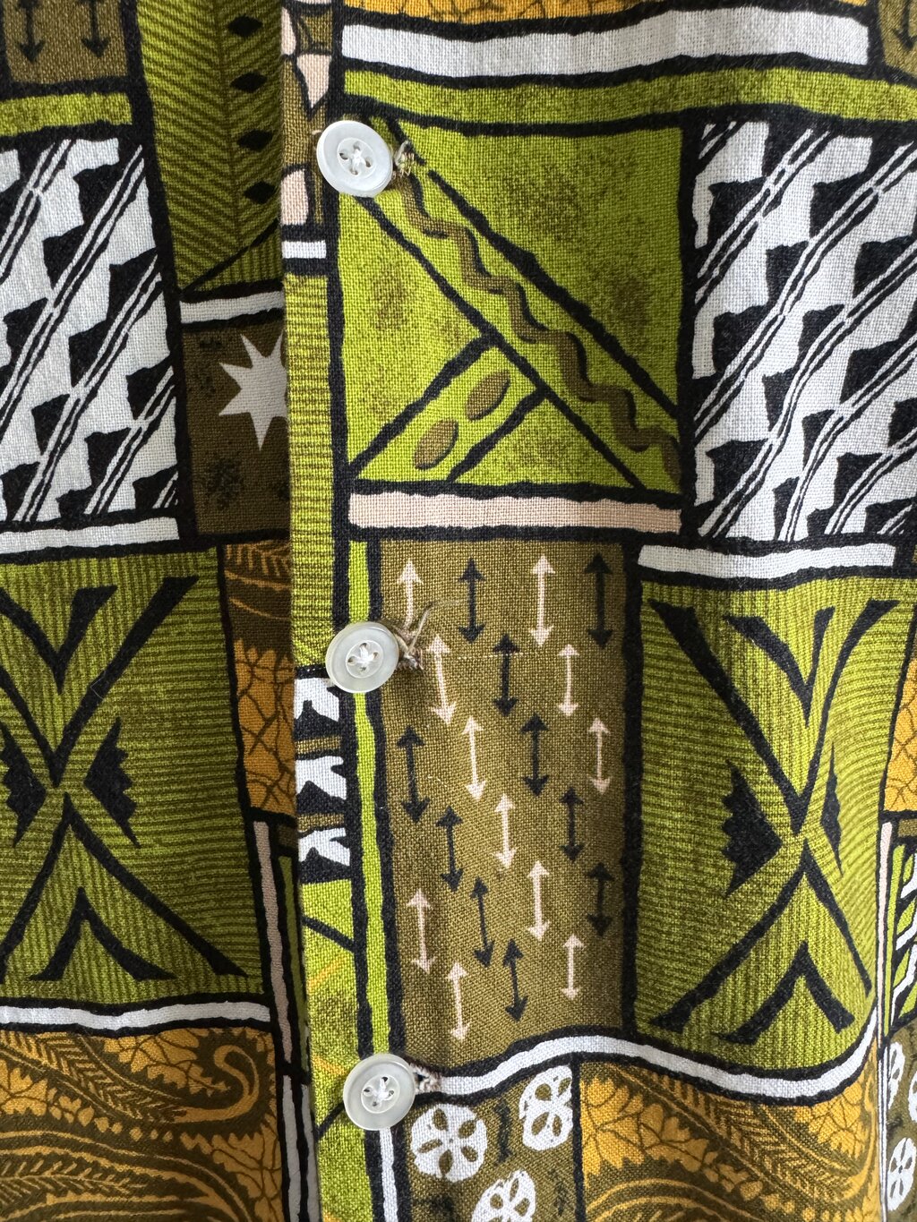 1960s Bold Tribal Mosaic Barkcloth Shirt – Olive, Mustard & Charcoal Geometrics