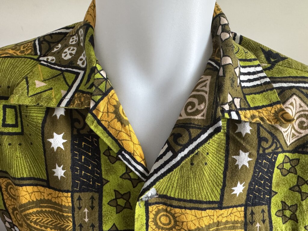 1960s Bold Tribal Mosaic Barkcloth Shirt – Olive, Mustard & Charcoal Geometrics
