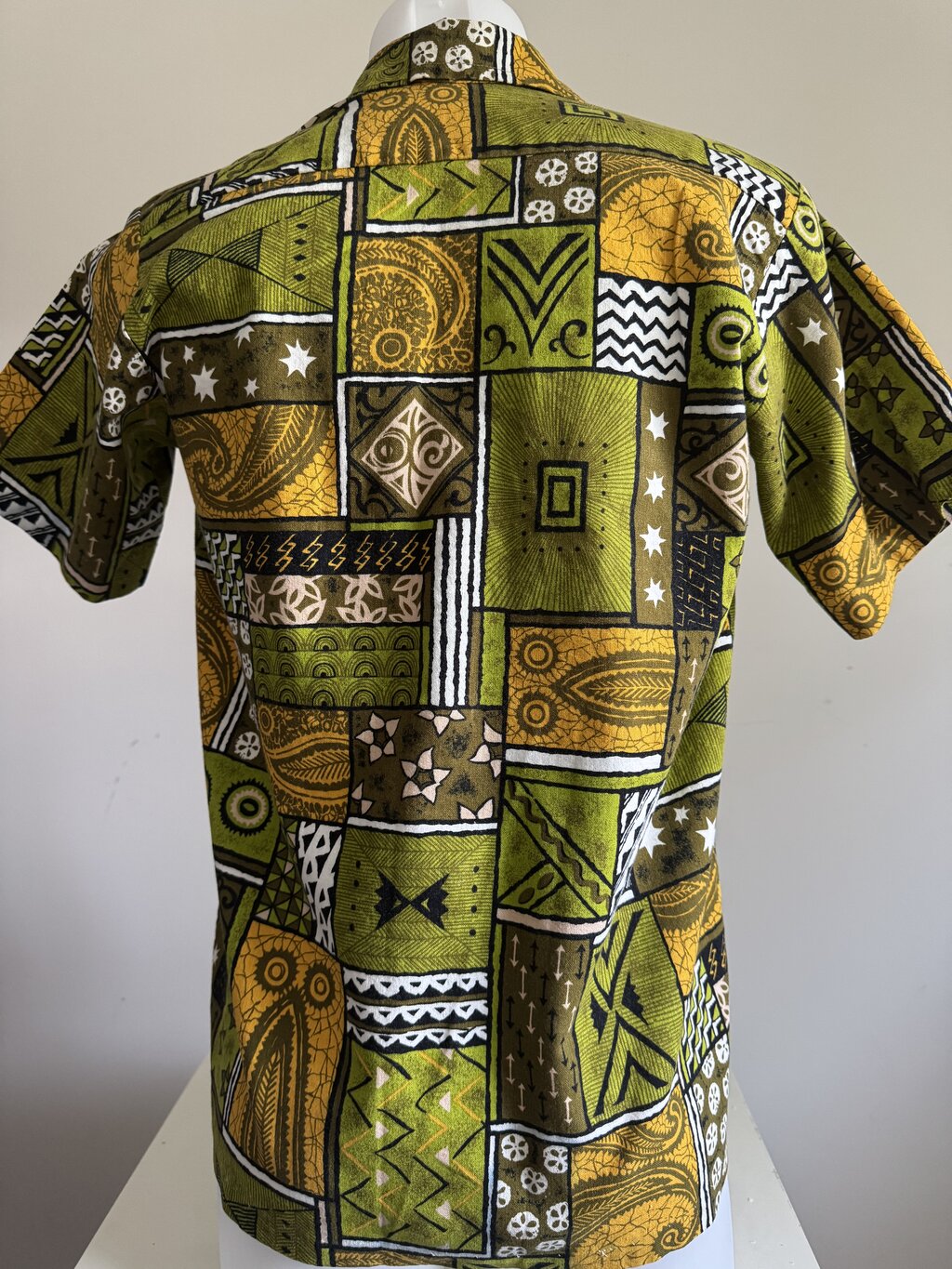 1960s Bold Tribal Mosaic Barkcloth Shirt – Olive, Mustard & Charcoal Geometrics
