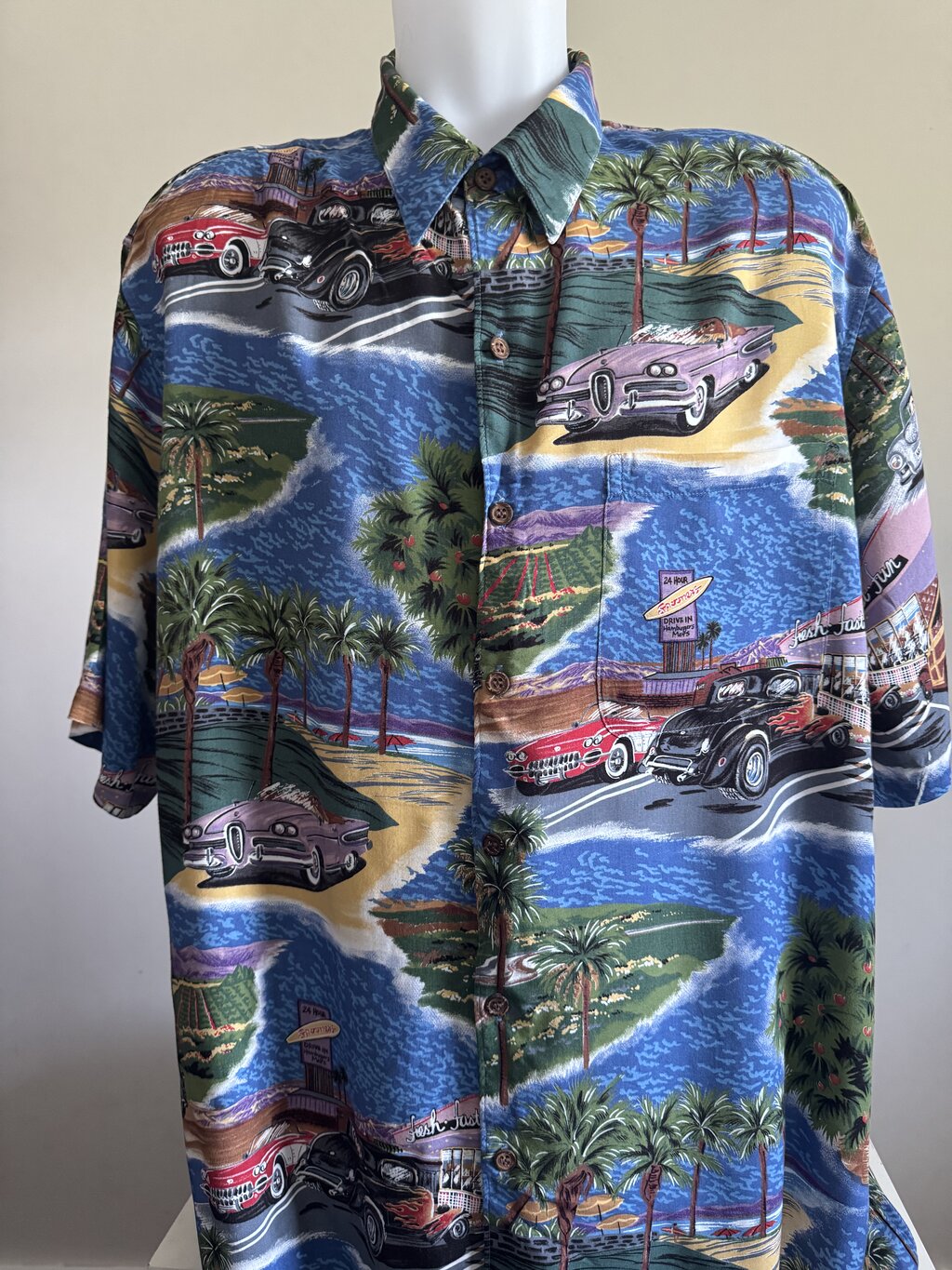 1990s–early 2000s - Reyn Spooner "Cruise Down the Coast" Car & Beach Scene Rayon Shirt – XXL