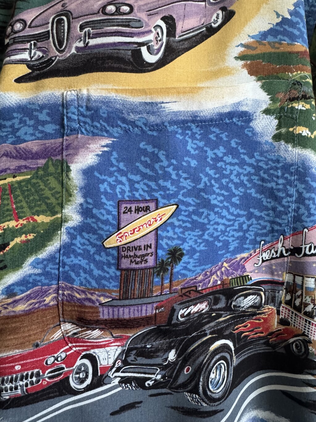 1990s–early 2000s - Reyn Spooner "Cruise Down the Coast" Car & Beach Scene Rayon Shirt – XXL