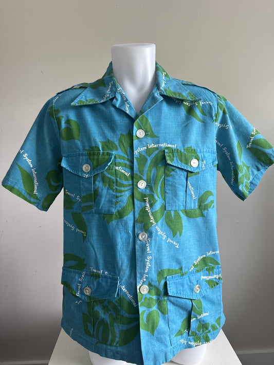 1950s Hukilau Fashions Four-Pocket Barkcloth Shirt – Blue Tropics with Military Edge
