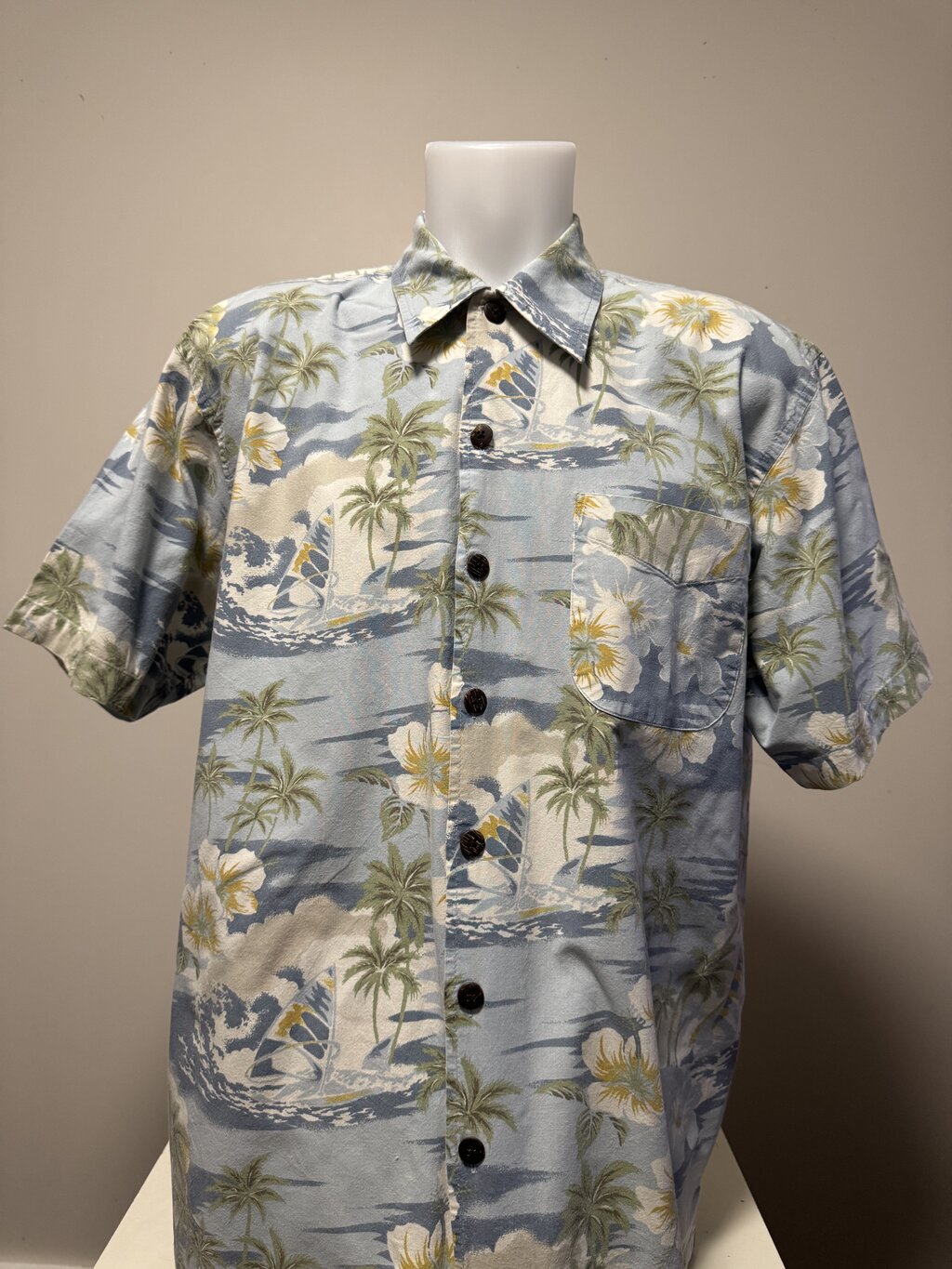 1990s Cherokee Surfing & Floral Print Shirt – Blue, White, Green (L)