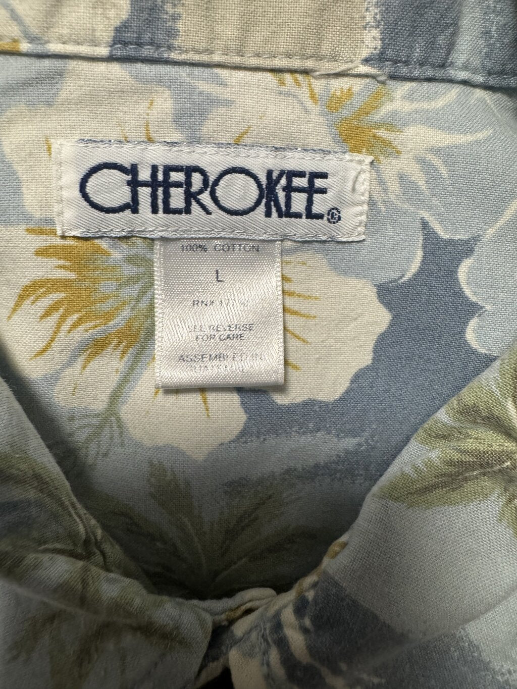 1990s Cherokee Surfing & Floral Print Shirt – Blue, White, Green (L)