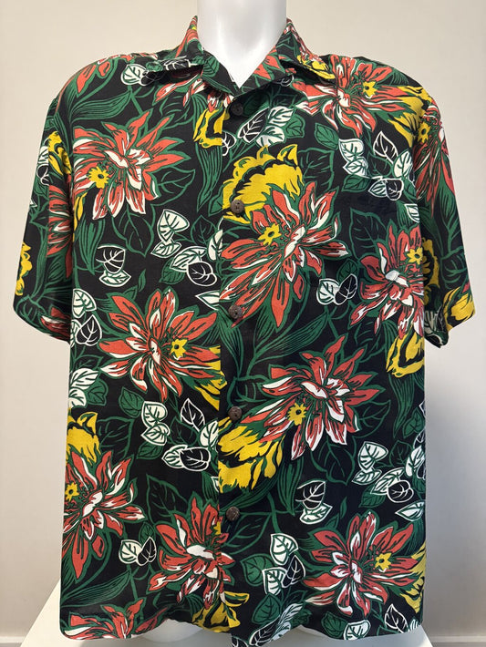 1970s Reminiscence Rayon Shirt – XL Tropical Blaze with Aligned Pocket & Coconut Buttons