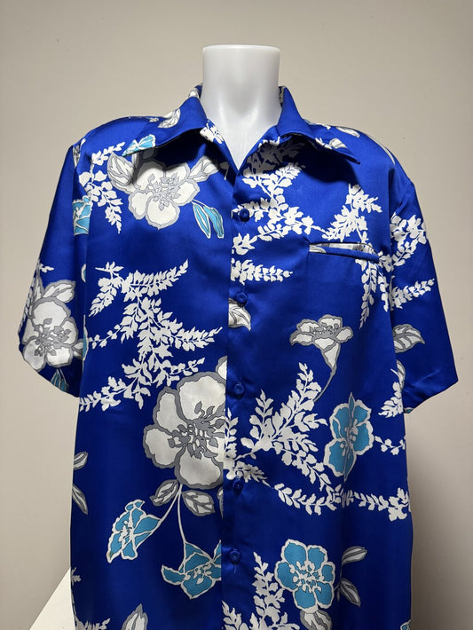 1970s Sears Hawaii Royal Floral Shirt – Cobalt Blue & Silver Blossoms (3XL)
