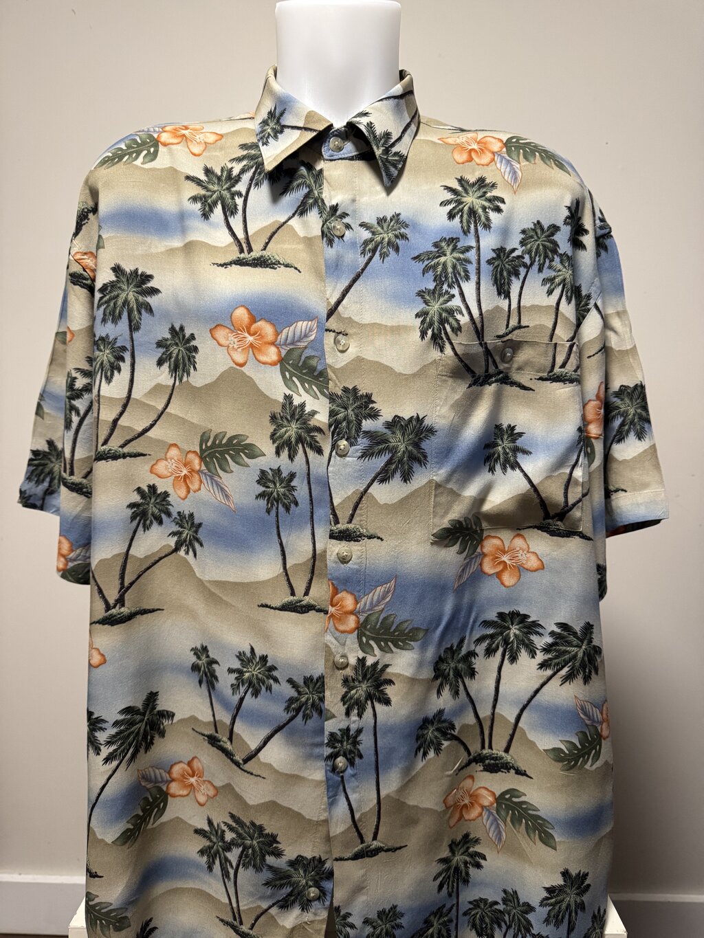 1990s Grant Thomas Palm Tree & Hibiscus Landscape Shirt – Beige/Blue/Green/Orange (XL)