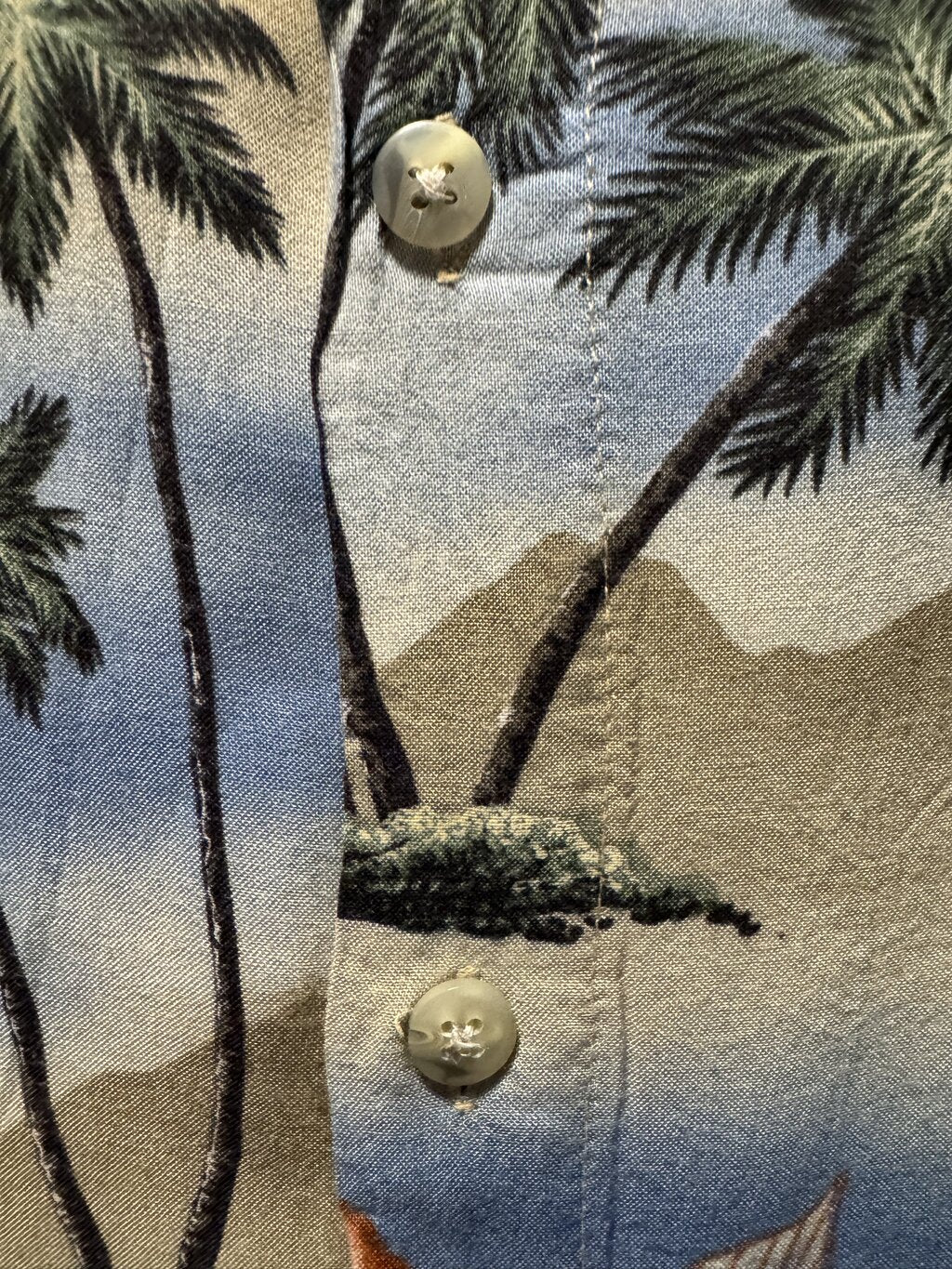 1990s Grant Thomas Palm Tree & Hibiscus Landscape Shirt – Beige/Blue/Green/Orange (XL)