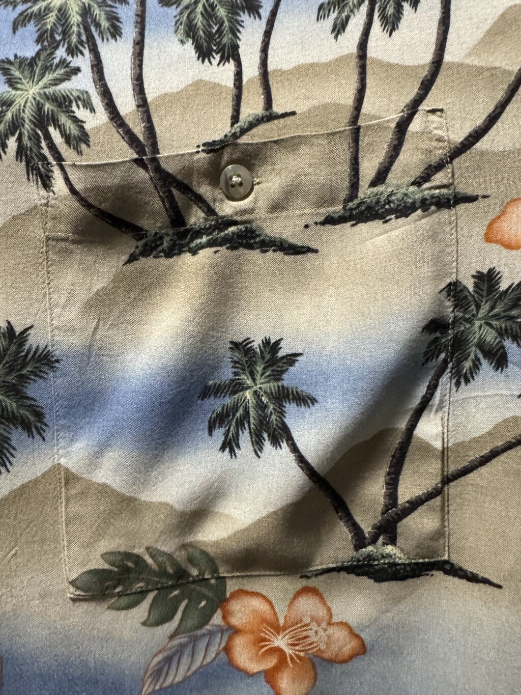 1990s Grant Thomas Palm Tree & Hibiscus Landscape Shirt – Beige/Blue/Green/Orange (XL)