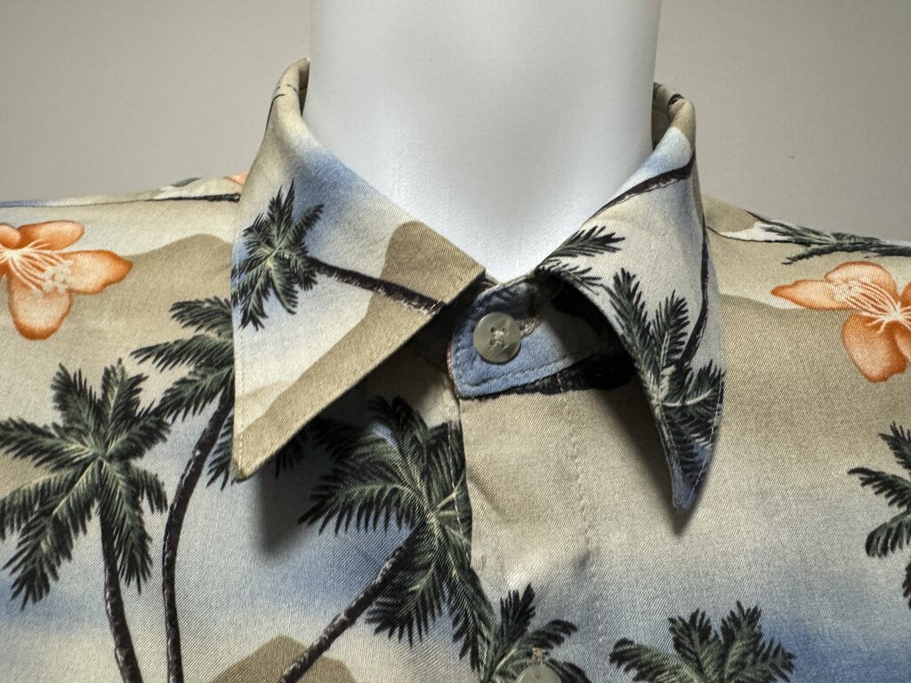 1990s Grant Thomas Palm Tree & Hibiscus Landscape Shirt – Beige/Blue/Green/Orange (XL)