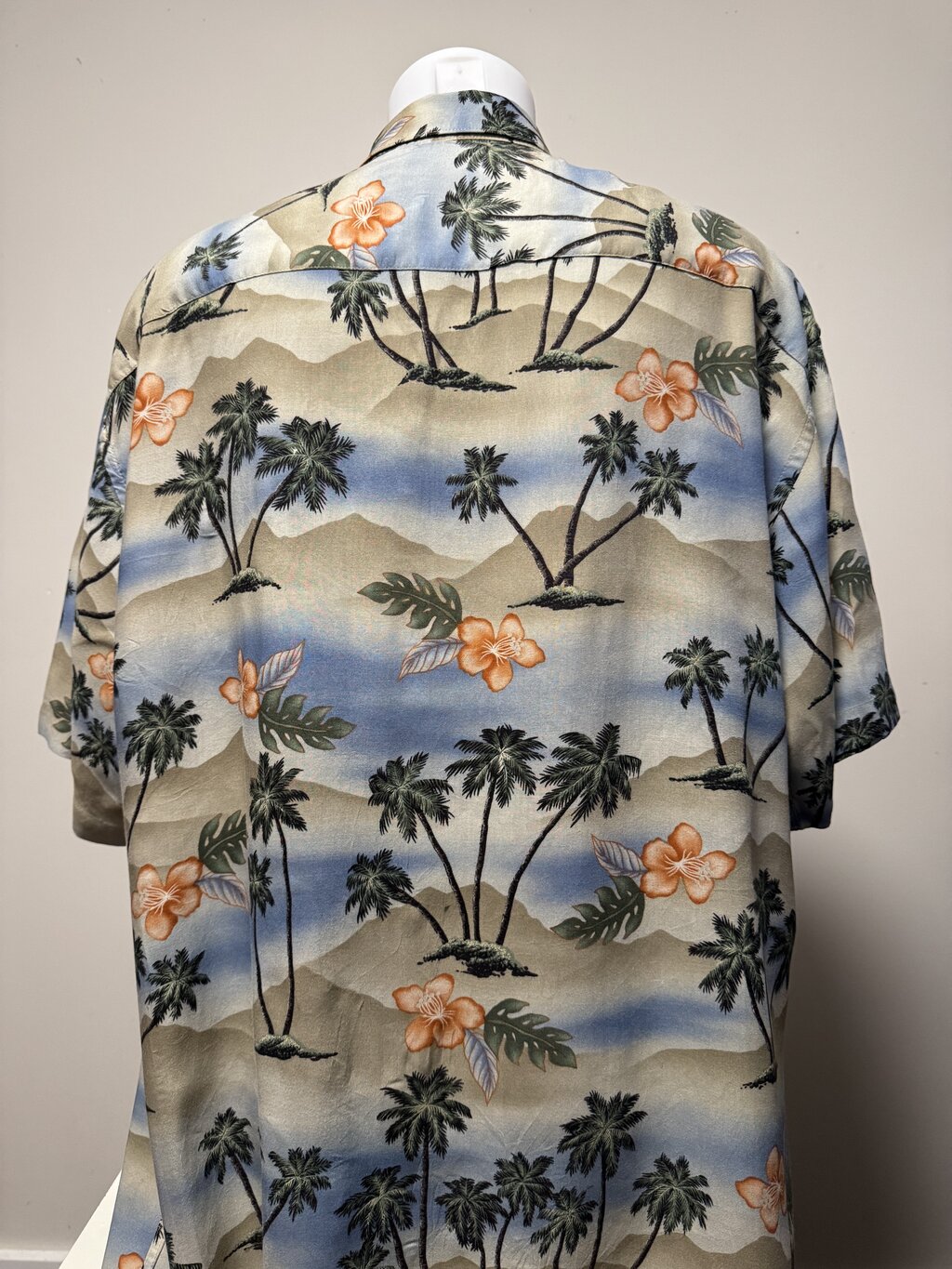 1990s Grant Thomas Palm Tree & Hibiscus Landscape Shirt – Beige/Blue/Green/Orange (XL)