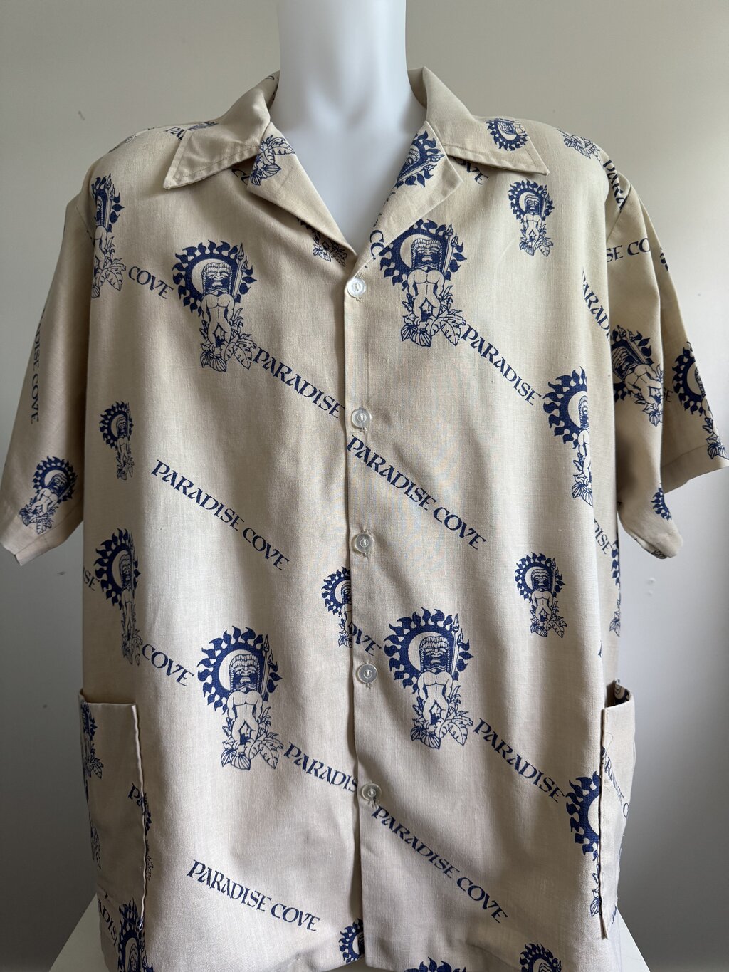 Late 1970s to early 1980s - Paradise Cove Barkcloth Shirt – Polynesian Sun God Print (XXL)