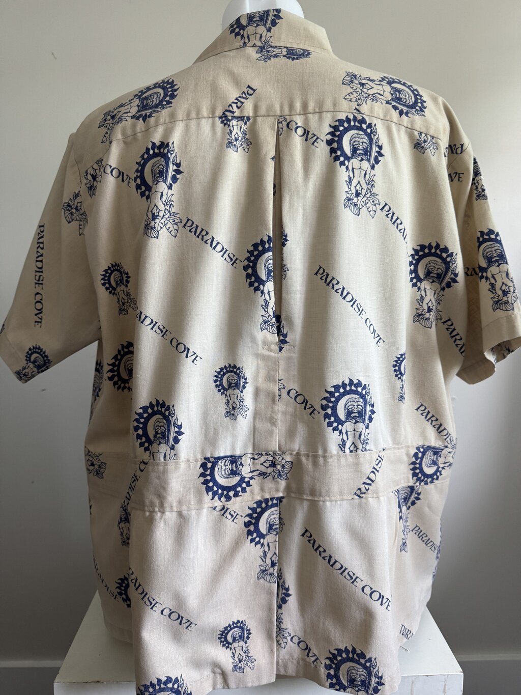 Late 1970s to early 1980s - Paradise Cove Barkcloth Shirt – Polynesian Sun God Print (XXL)