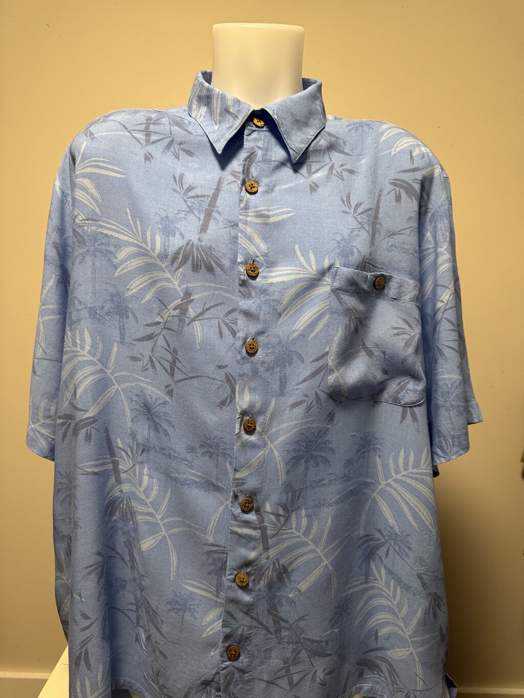 2000s Puritan Palm Leaf & Bamboo Shadow Print Shirt – Light Blue (2XL)