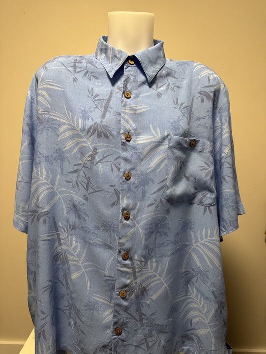 2000s Puritan Palm Leaf & Bamboo Shadow Print Shirt – Light Blue (2XL)