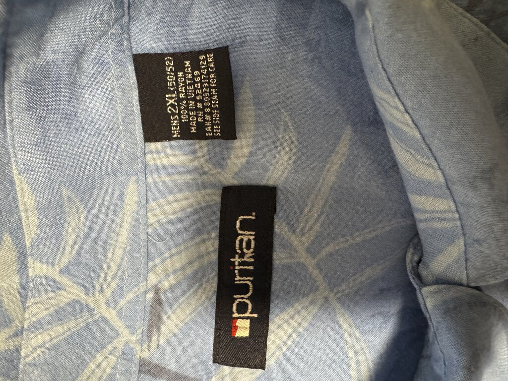 2000s Puritan Palm Leaf & Bamboo Shadow Print Shirt – Light Blue (2XL)