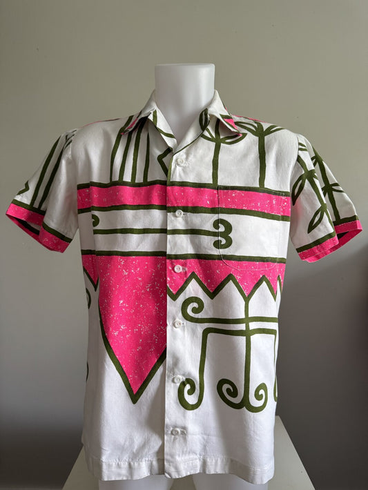1980s Unknown Geometric Barkcloth Shirt – White/Pink/Green (M)