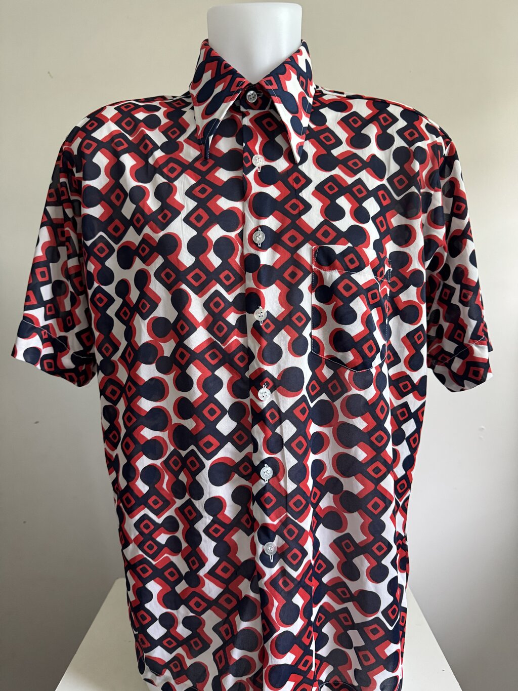 1970s - Vintage Venture Knit “Red Diamond Maze” Nylon Shirt – Made in Korea