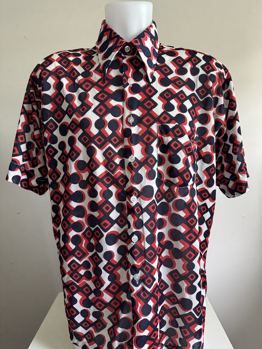 1970s - Vintage Venture Knit “Red Diamond Maze” Nylon Shirt – Made in Korea