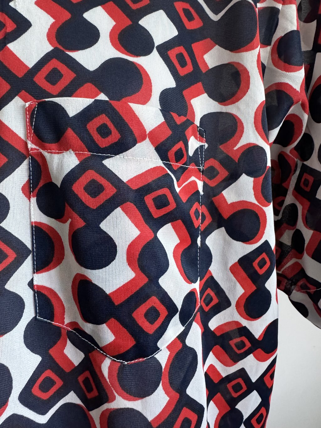 1970s - Vintage Venture Knit “Red Diamond Maze” Nylon Shirt – Made in Korea