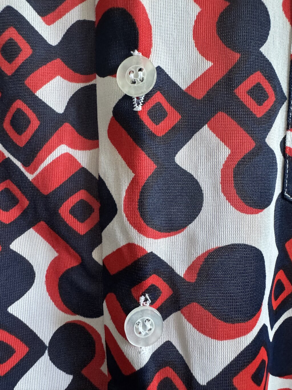 1970s - Vintage Venture Knit “Red Diamond Maze” Nylon Shirt – Made in Korea